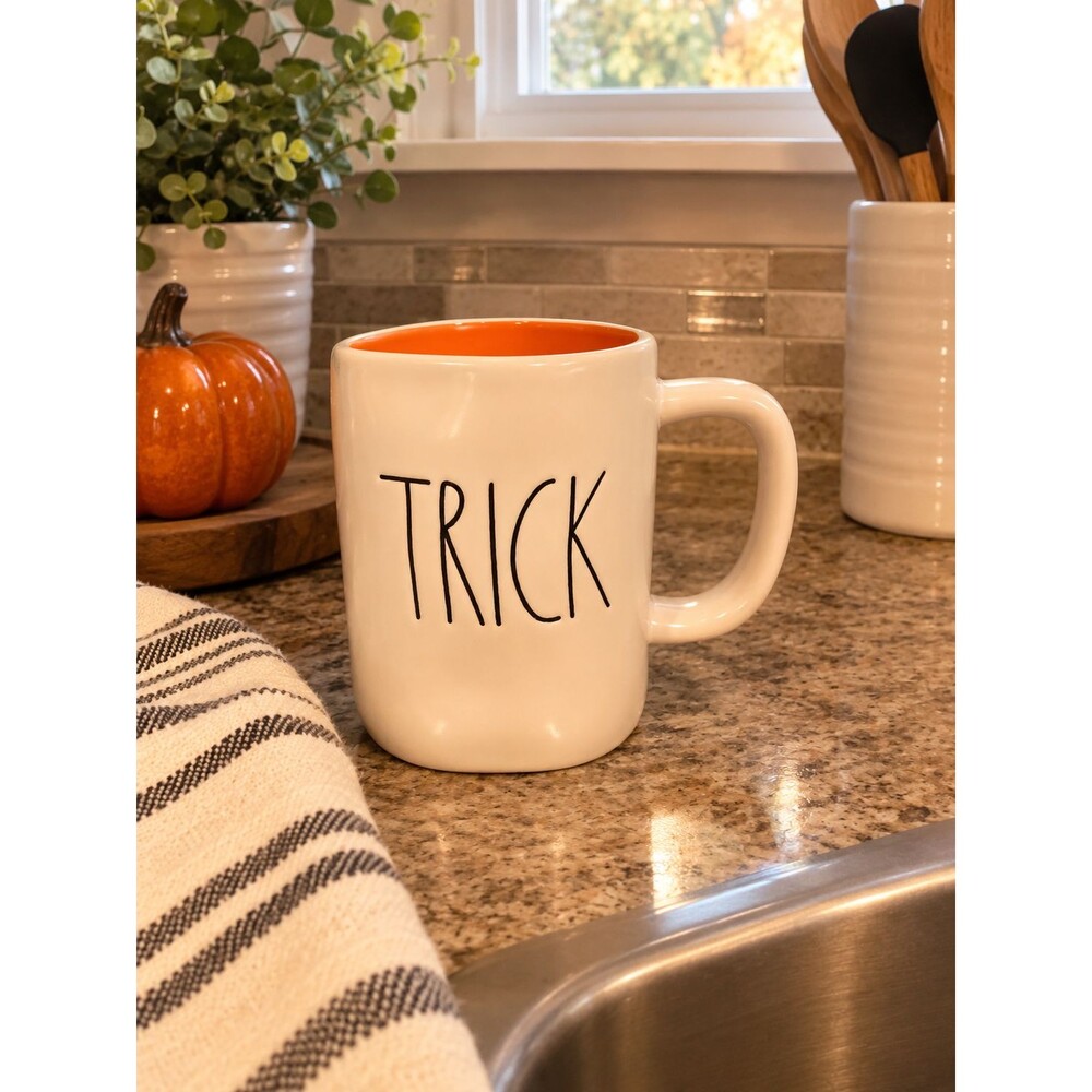 Rae Dunn TRICK OR TREAT Halloween Mug White Ceramic Orange Interior Coffee Cup